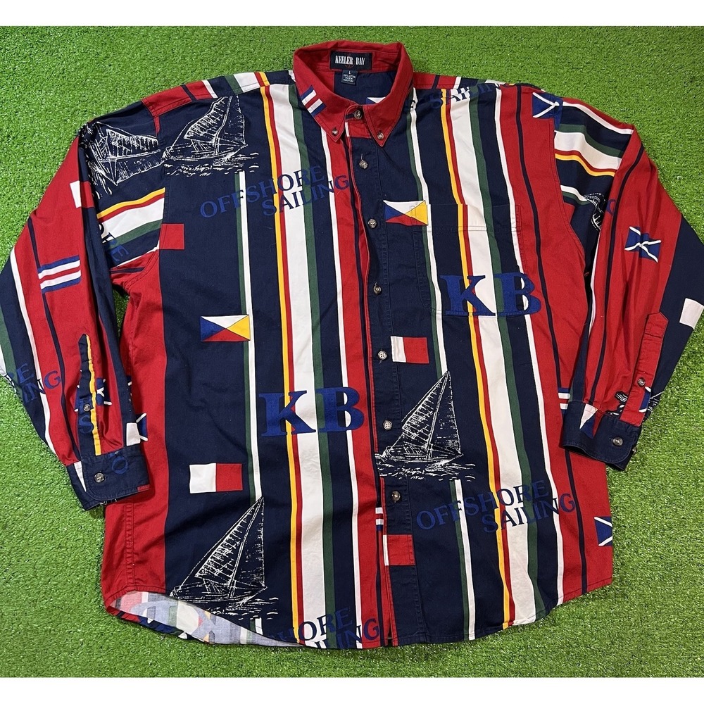 Vintage 80s Button Up L Striped Offshore Sailing Nautical AOP Western Keeler Bay